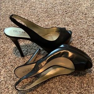 Guess black leather peep toe heels